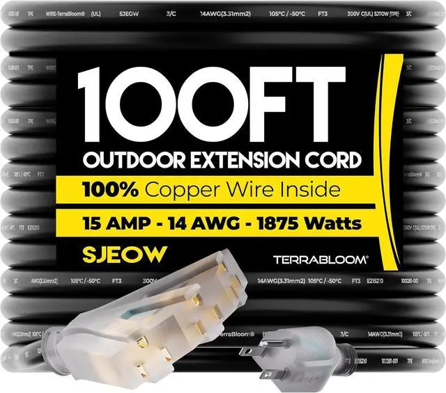 Main image of TerraBloom 14/3 Heavy Duty Extension Cord 100 FT Outdoor - Black Outdoor Extension Cord Multiple Outlet - Ultra-Flexible SJEOW Rubber, Light Indicator, Triple Outlet for Maximum Efficiency - 15 Amp