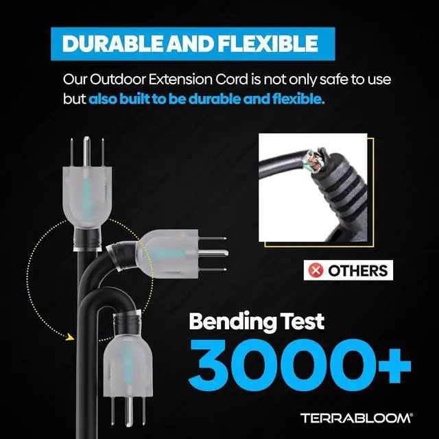 Alt view image 3 of 7 - TerraBloom 14/3 Heavy Duty Extension Cord 100 FT Outdoor - Black Outdoor Extension Cord Multiple Outlet - Ultra-Flexible SJEOW Rubber, Light Indicator, Triple Outlet for Maximum Efficiency - 15 Amp