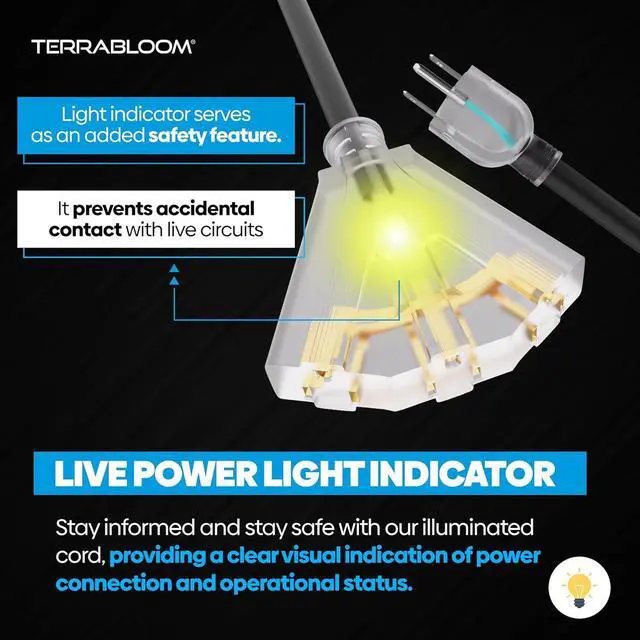 Alt view image 5 of 7 - TerraBloom 14/3 Heavy Duty Extension Cord 100 FT Outdoor - Black Outdoor Extension Cord Multiple Outlet - Ultra-Flexible SJEOW Rubber, Light Indicator, Triple Outlet for Maximum Efficiency - 15 Amp