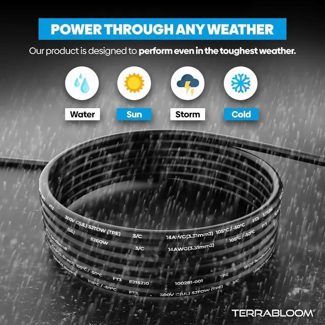 Alt view image 6 of 7 - TerraBloom 14/3 Heavy Duty Extension Cord 100 FT Outdoor - Black Outdoor Extension Cord Multiple Outlet - Ultra-Flexible SJEOW Rubber, Light Indicator, Triple Outlet for Maximum Efficiency - 15 Amp