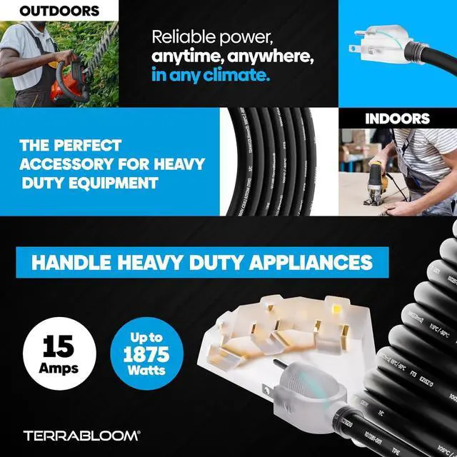 Alt view image 7 of 7 - TerraBloom 14/3 Heavy Duty Extension Cord 100 FT Outdoor - Black Outdoor Extension Cord Multiple Outlet - Ultra-Flexible SJEOW Rubber, Light Indicator, Triple Outlet for Maximum Efficiency - 15 Amp