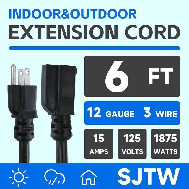 Alt view image 2 of 7 - Black Indoor Outdoor Extension Cord 6 Ft, 12/3 SJTW Heavy Duty Black Extension Cable with 3 Prong Grounded Plug - Power Cord for Lawn, Garden, Appliances