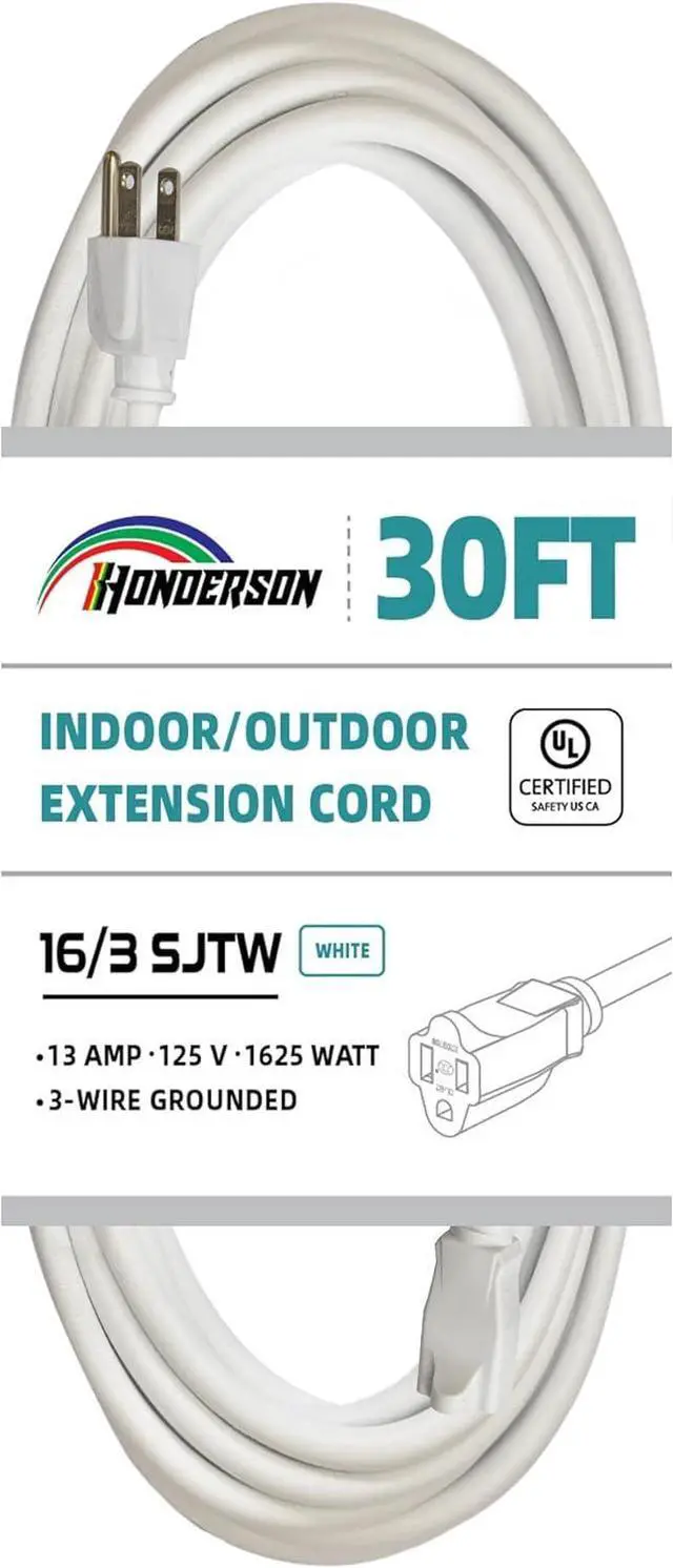 Main image of Indoor Outdoor Extension Cord Weatherproof, UL Listed, 16 Gauge 30FT White 3 Prong Heavy Duty, 16/3 SJTW 13A Power Cord for Outdoor Lights, Appliances, Lawn