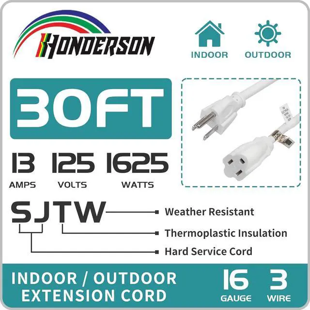 Alt view image 3 of 7 - Indoor Outdoor Extension Cord Weatherproof, UL Listed, 16 Gauge 30FT White 3 Prong Heavy Duty, 16/3 SJTW 13A Power Cord for Outdoor Lights, Appliances, Lawn