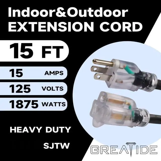 Alt view image 2 of 6 - Outdoor Extension Cord with Lighted End, 12 Gauge Heavy Duty 15 FT, 3 Prong Grounded 15 Amp Extension Cord, 12/3 SJTW Waterproof Power Cord for Appliance, UL Listed, Black