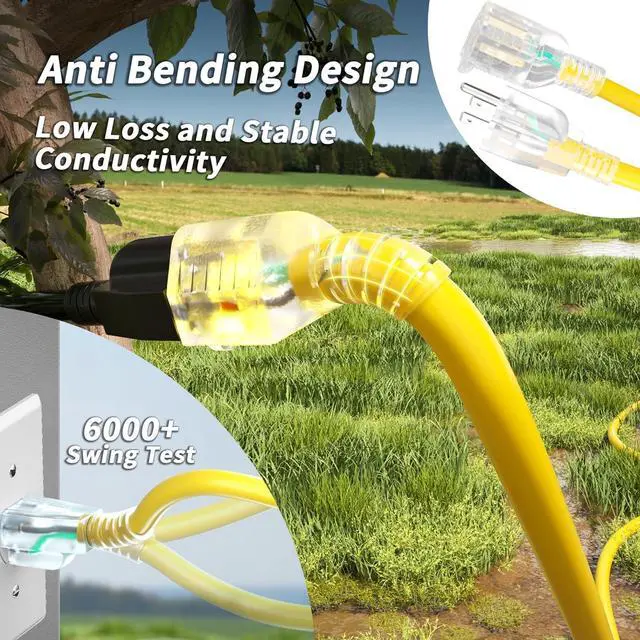 Alt view image 2 of 7 - 50ft 12/3 Gauge Outdoor Extension Cord Waterproof with Lighted Indicator, 12 Gauge SJTW Heavy Duty 15Amp 1875W, 3 Prong Cords Flexible Copper Yellow ETL Listed