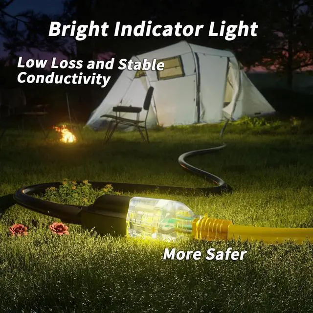 Alt view image 6 of 7 - 50ft 12/3 Gauge Outdoor Extension Cord Waterproof with Lighted Indicator, 12 Gauge SJTW Heavy Duty 15Amp 1875W, 3 Prong Cords Flexible Copper Yellow ETL Listed