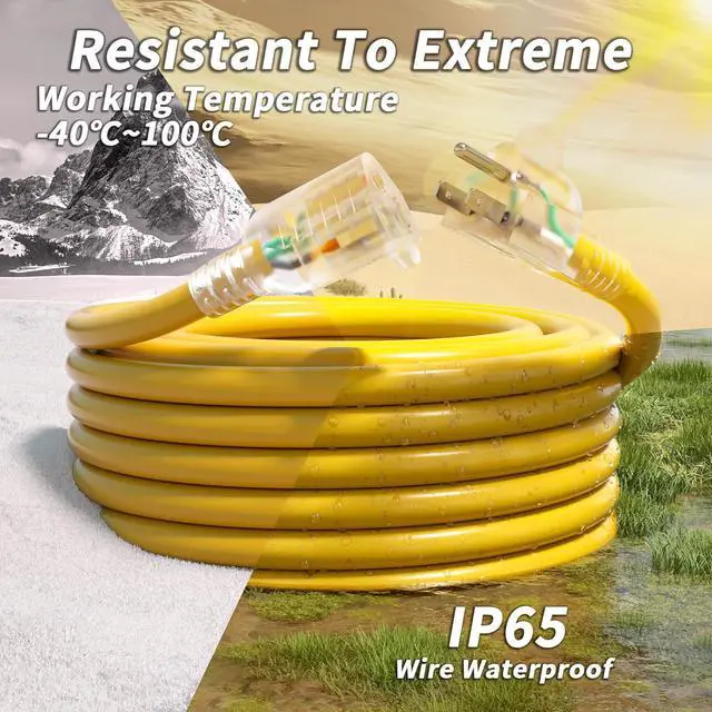 Alt view image 7 of 7 - 50ft 12/3 Gauge Outdoor Extension Cord Waterproof with Lighted Indicator, 12 Gauge SJTW Heavy Duty 15Amp 1875W, 3 Prong Cords Flexible Copper Yellow ETL Listed