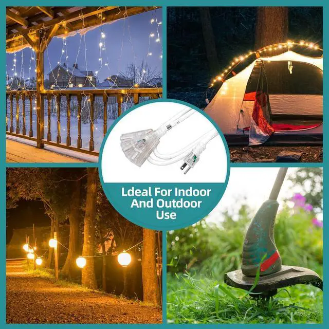 Alt view image 6 of 6 - 3-Outlets Indoor Outdoor Extension Cord Weatherproof with Lighted End, UL Listed, 14 Gauge 10FT White 3 Prong Heavy Duty, 14/3 SJTW 15A Power Cord