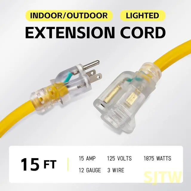 Alt view image 2 of 7 - EP 15 ft Lighted Outdoor Extension Cord - 12/3 SJTW Heavy Duty Yellow Extension Cable with 3 Prong Grounded Plug - 15AMP Power Cord for Lawn, Garden, Appliances