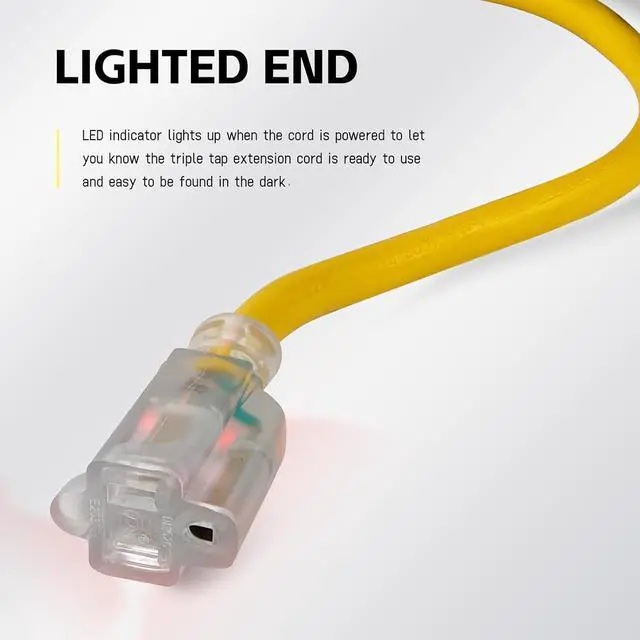 Alt view image 3 of 7 - EP 15 ft Lighted Outdoor Extension Cord - 12/3 SJTW Heavy Duty Yellow Extension Cable with 3 Prong Grounded Plug - 15AMP Power Cord for Lawn, Garden, Appliances