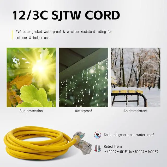 Alt view image 6 of 7 - EP 15 ft Lighted Outdoor Extension Cord - 12/3 SJTW Heavy Duty Yellow Extension Cable with 3 Prong Grounded Plug - 15AMP Power Cord for Lawn, Garden, Appliances