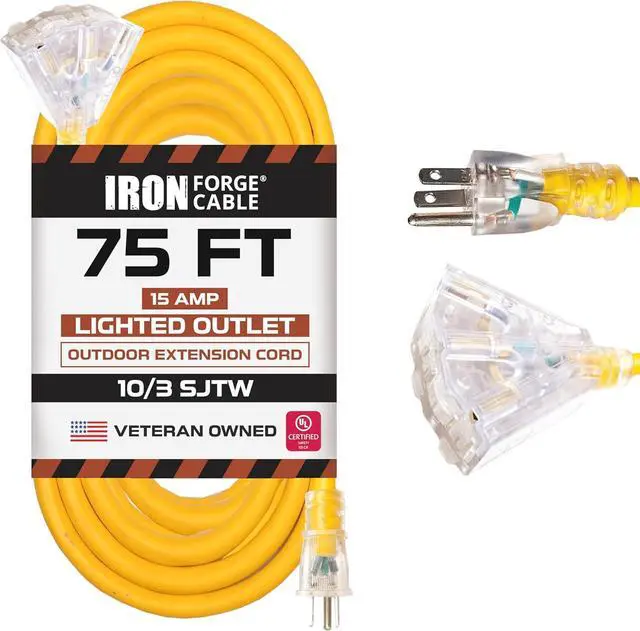 Main image of Iron Forge Cable 10 Gauge 75ft Lighted Outdoor Heavy Duty Extension Cord with 3 Outlets - 15 Amp 10/3 SJTW Yellow Extension Cord with Multiple Outlets