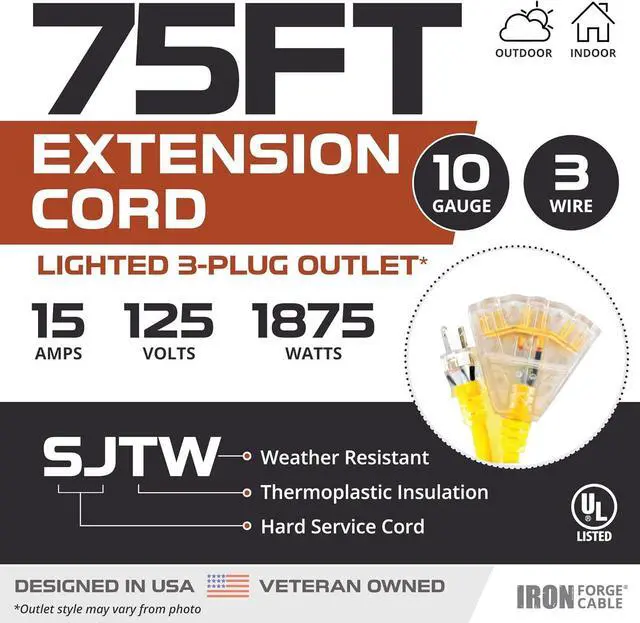 Alt view image 2 of 7 - Iron Forge Cable 10 Gauge 75ft Lighted Outdoor Heavy Duty Extension Cord with 3 Outlets - 15 Amp 10/3 SJTW Yellow Extension Cord with Multiple Outlets