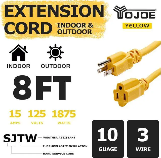 Alt view image 2 of 6 - YOJOE Indoor Outdoor Extension Cord, 3 Prong 15A Weatherproof Power Cord, 10 Gauge Heavy Duty 8 ft Yellow Extension Cord for Garage, Garden and Home, 10/3 SJTW UL Listed