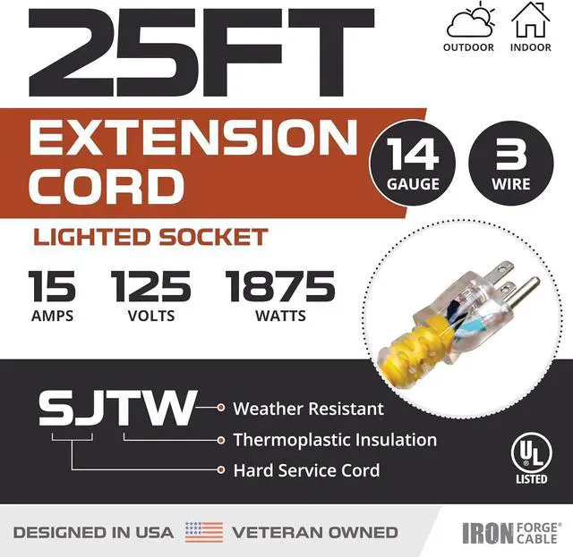 Alt view image 2 of 7 - Iron Forge Cable Weatherproof 25 Ft Outdoor Extension Cord - 14/3 SJTW 15 Amp Heavy Duty Yellow Extension Cord 3 Prong - Lighted End