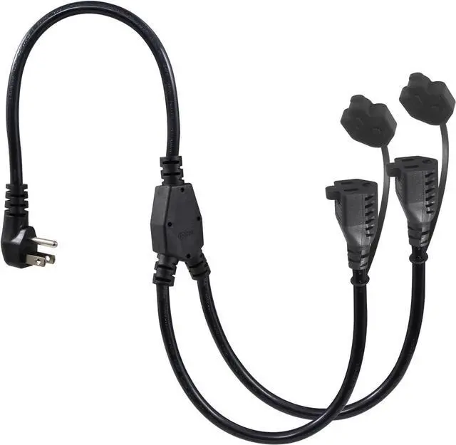 Main image of 2FT Outdoor Extension Cord Splitter - 90-Degree Flat Plug Black 2 Way Waterproof Power Cord Y Splitter,1 to 2 Extension Cord, 125V 13 AMP 16AWG Short 3 Prong Extender Cord with 2 Outlets