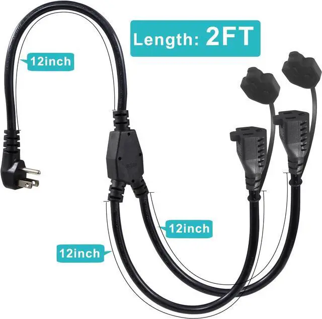 Alt view image 2 of 7 - 2FT Outdoor Extension Cord Splitter - 90-Degree Flat Plug Black 2 Way Waterproof Power Cord Y Splitter,1 to 2 Extension Cord, 125V 13 AMP 16AWG Short 3 Prong Extender Cord with 2 Outlets