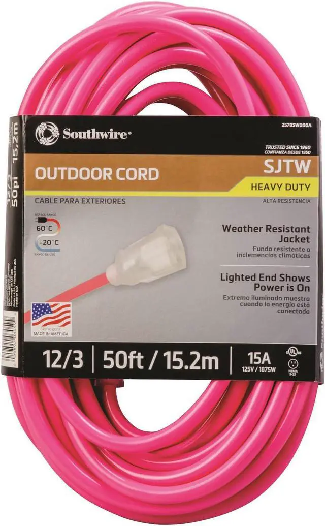 Main image of Southwire Heavy Duty Extension Cord, 50Ft, 12 Gauge, 3 Conductor, High Visibility Outdoor Cord, Lighted End, SJTW, Cool Pink, 2578SW000A