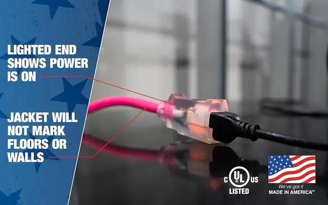 Alt view image 5 of 7 - Southwire Heavy Duty Extension Cord, 50Ft, 12 Gauge, 3 Conductor, High Visibility Outdoor Cord, Lighted End, SJTW, Cool Pink, 2578SW000A