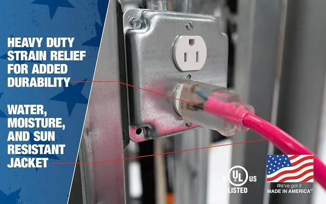 Alt view image 6 of 7 - Southwire Heavy Duty Extension Cord, 50Ft, 12 Gauge, 3 Conductor, High Visibility Outdoor Cord, Lighted End, SJTW, Cool Pink, 2578SW000A