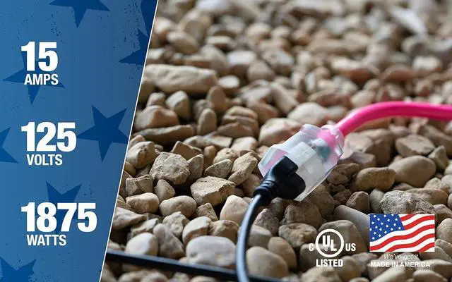 Alt view image 5 of 7 - Coleman Cable 2577SW000A 25-Foot 12/3 Neon Outdoor Extension Cord, Made in the USA, Water Resistant Vinyl Jacket, Reinforced Blades, Clear Molded Plug With Power Indicated Light, Fluorescent Pink,