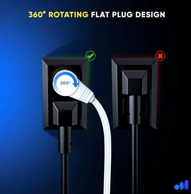 Alt view image 4 of 7 - Maximm 360° Rotating Flat Plug Extension Cord 10 feet Under Carpet with Slim Space-Saving Plug Design, Low Profile Cord (White)