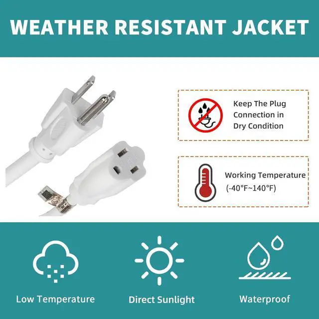 Alt view image 7 of 7 - Indoor Outdoor Extension Cord Weatherproof, UL Listed, 16 Gauge 30FT White 3 Prong Heavy Duty, 16/3 SJTW 13A Power Cord for Outdoor Lights, Appliances, Lawn