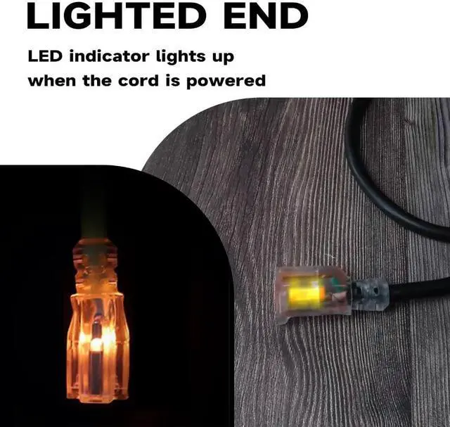 Alt view image 3 of 6 - Outdoor Extension Cord with Lighted End, 12 Gauge Heavy Duty 15 FT, 3 Prong Grounded 15 Amp Extension Cord, 12/3 SJTW Waterproof Power Cord for Appliance, UL Listed, Black