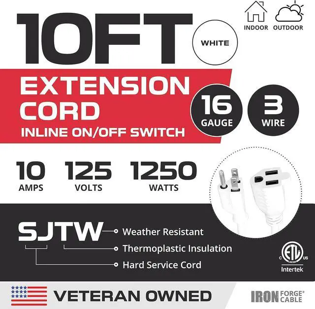 Alt view image 2 of 7 - Iron Forge Cable 10 Ft White Outdoor Extension Cord with IP65 Inline Switch On/Off, 16/3 SJTW 3 Prong Waterproof Switch - 10 AMP Cord - ETL Listed