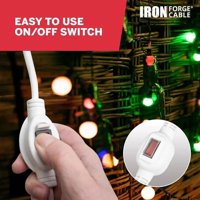 Alt view image 6 of 7 - Iron Forge Cable 10 Ft White Outdoor Extension Cord with IP65 Inline Switch On/Off, 16/3 SJTW 3 Prong Waterproof Switch - 10 AMP Cord - ETL Listed