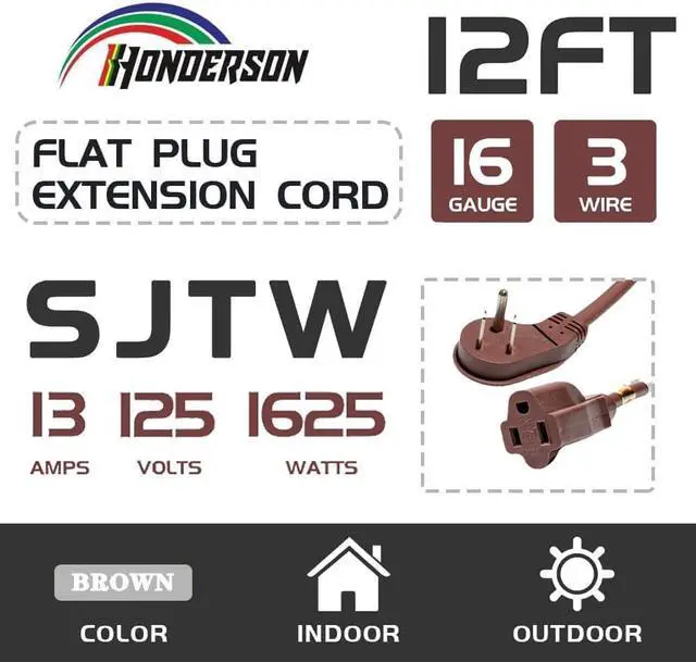 Alt view image 2 of 6 - Flat Plug Indoor Extension Cord, UL Listed, 16 Gauge 12FT Brown 3 Prong Heavy Duty, 16/3 SJTW 13A Power Cord for Lights, Appliances, Home