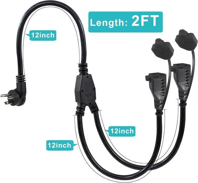 Alt view image 2 of 7 - [2PACK] 2FT Outdoor Power Extension Cord 2 Way Splitter - Black Flat Wall Plug Short 3 Prong Y Splitte Extension Cord with 2Outlets, 125V 13A 16AWG 1 to 2 Splitter Waterproof Outdoor Extension Cord