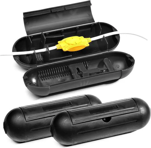 Main image of (3-Pack) Outdoor Extension Cord Protective Cover Set for AWG12/14/16 Cords | Water-Resistant Holder for Holiday String Lights, Plugs and Wires | Capsule Shaped Protector with Large Compartment (Black)