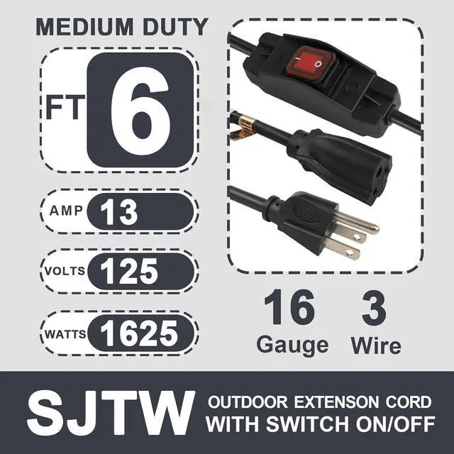 Alt view image 2 of 7 - EP 6 Ft Outdoor Extension Cord, 16/3 SJTW Heavy Duty Short Extension Cable with On Off Switch, 3-Prong 3 Outlet Household Switchable Power Cord, Black
