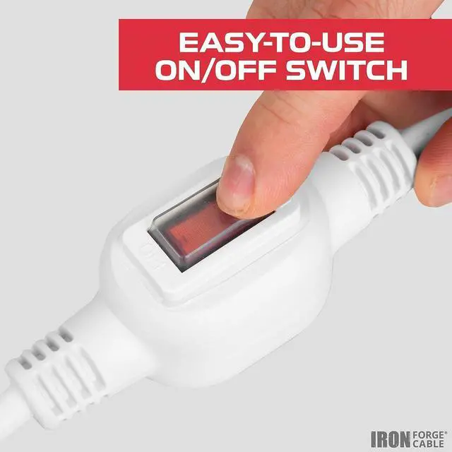 Alt view image 3 of 7 - Iron Forge Cable 10 Ft White Outdoor Extension Cord with IP65 Inline Switch On/Off, 16/3 SJTW 3 Prong Waterproof Switch - 10 AMP Cord - ETL Listed