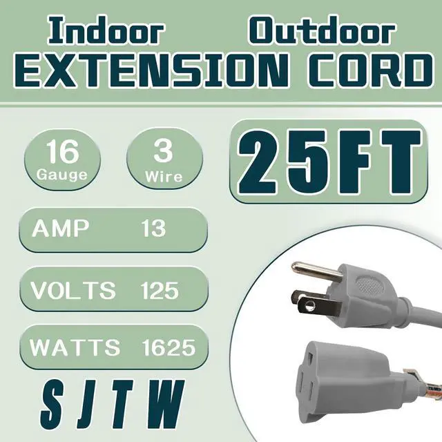 Alt view image 2 of 7 - Indoor Outdoor Extension Cord 25 FT, 16/3 SJTW Weatherproof Grey Electrical Cords, 13 AMP Heavy Duty 3 Prong Power Cable Great for Garden, Landscaping & Holiday Decorations