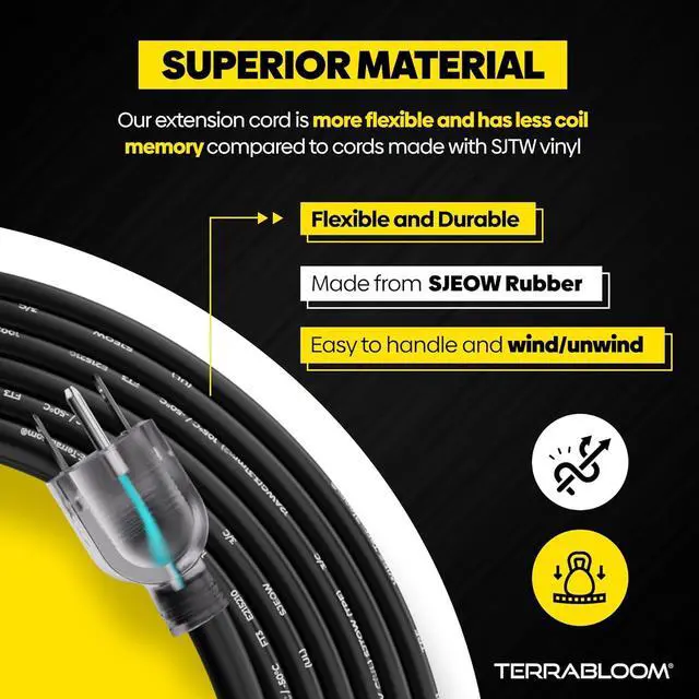 Alt view image 2 of 7 - TerraBloom 12/3 Heavy Duty Extension Cord 100 FT Outdoor - Black Outdoor Extension Cord Multiple Outlet - Ultra-Flexible SJEOW Rubber, Light Indicator, Triple Outlet for Maximum Efficiency - 15 Amp