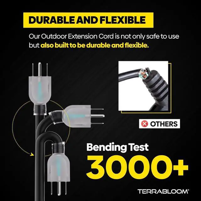 Alt view image 3 of 7 - TerraBloom 12/3 Heavy Duty Extension Cord 100 FT Outdoor - Black Outdoor Extension Cord Multiple Outlet - Ultra-Flexible SJEOW Rubber, Light Indicator, Triple Outlet for Maximum Efficiency - 15 Amp