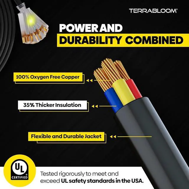 Alt view image 4 of 7 - TerraBloom 12/3 Heavy Duty Extension Cord 100 FT Outdoor - Black Outdoor Extension Cord Multiple Outlet - Ultra-Flexible SJEOW Rubber, Light Indicator, Triple Outlet for Maximum Efficiency - 15 Amp