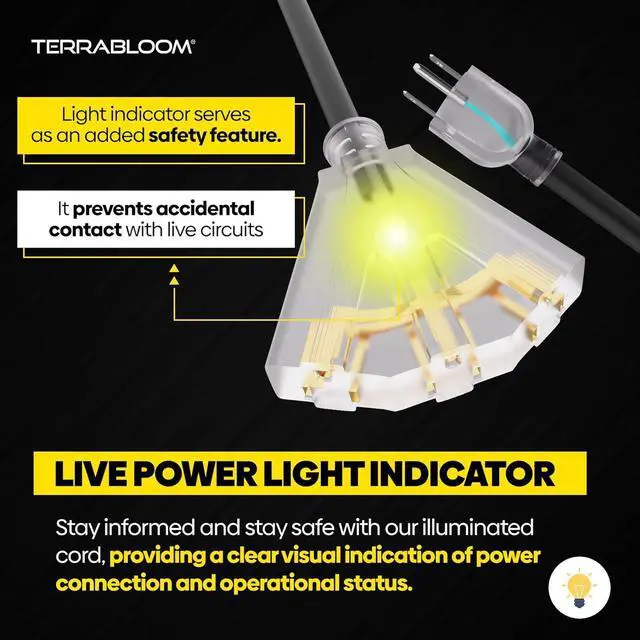 Alt view image 5 of 7 - TerraBloom 12/3 Heavy Duty Extension Cord 100 FT Outdoor - Black Outdoor Extension Cord Multiple Outlet - Ultra-Flexible SJEOW Rubber, Light Indicator, Triple Outlet for Maximum Efficiency - 15 Amp