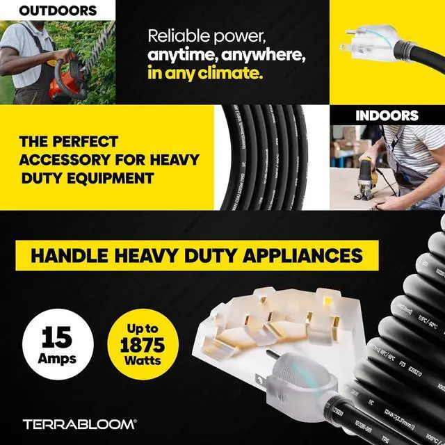 Alt view image 7 of 7 - TerraBloom 12/3 Heavy Duty Extension Cord 100 FT Outdoor - Black Outdoor Extension Cord Multiple Outlet - Ultra-Flexible SJEOW Rubber, Light Indicator, Triple Outlet for Maximum Efficiency - 15 Amp