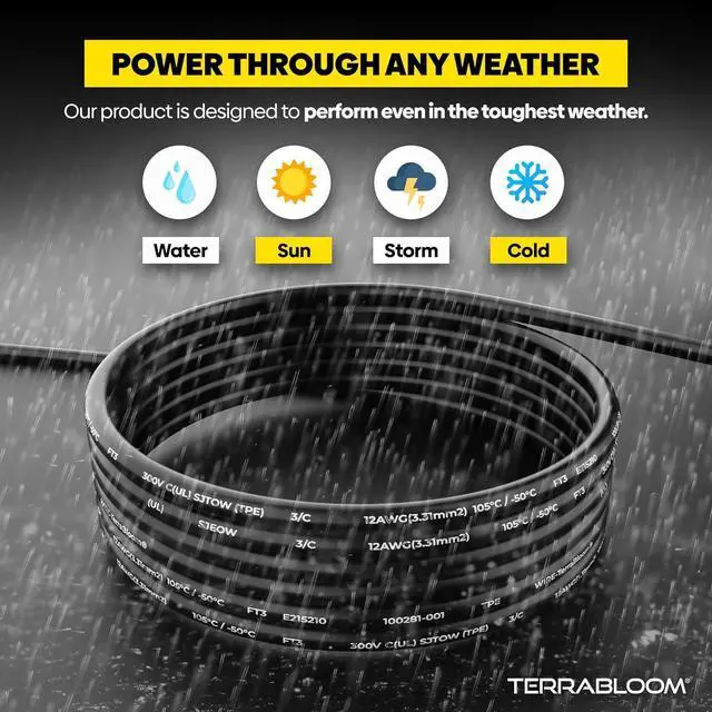 Alt view image 6 of 7 - TerraBloom 12/3 Heavy Duty Extension Cord 100 FT Outdoor - Black Outdoor Extension Cord Multiple Outlet - Ultra-Flexible SJEOW Rubber, Light Indicator, Triple Outlet for Maximum Efficiency - 15 Amp