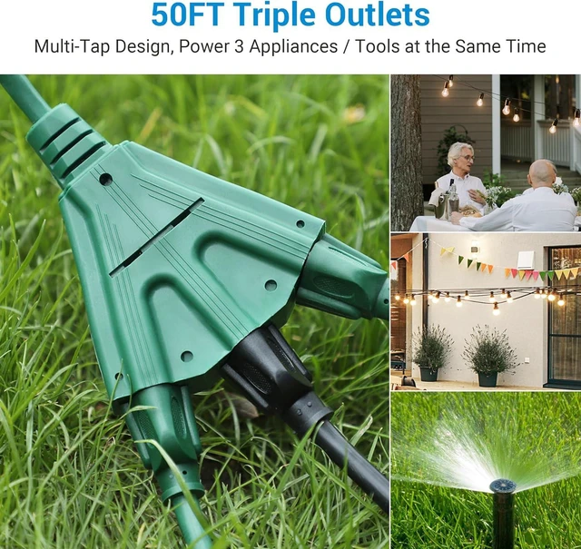 Alt view image 2 of 7 - DEWENWILS 50FT Outdoor Extension Cord, 16/3 SJTW Tri-Tap Power Cable, Weatherproof, Heavy Duty Extension Cord for Outdoor String Light and Landscaping Lights, ETL Listed, Green