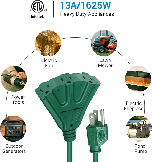 Alt view image 4 of 7 - DEWENWILS 50FT Outdoor Extension Cord, 16/3 SJTW Tri-Tap Power Cable, Weatherproof, Heavy Duty Extension Cord for Outdoor String Light and Landscaping Lights, ETL Listed, Green