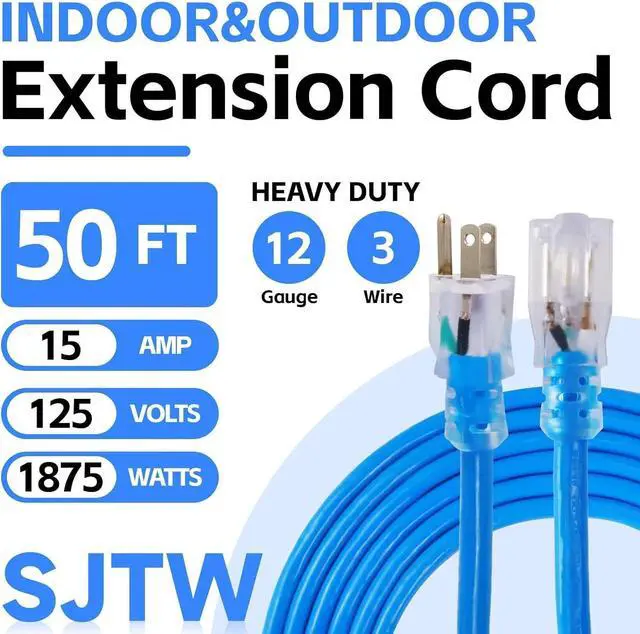 Alt view image 2 of 7 - Outdoor Extension Cord Waterproof 50 FT, 12 Gauge Heavy Duty Blue Extension Cord SJTW, Flexible Cold-Resistant 3 Prong Grounded Power Cord for Lawn, Garden, Appliance, UL Listed