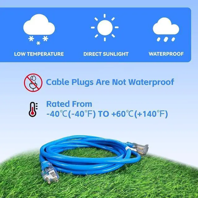 Alt view image 4 of 7 - Outdoor Extension Cord Waterproof 50 FT, 12 Gauge Heavy Duty Blue Extension Cord SJTW, Flexible Cold-Resistant 3 Prong Grounded Power Cord for Lawn, Garden, Appliance, UL Listed
