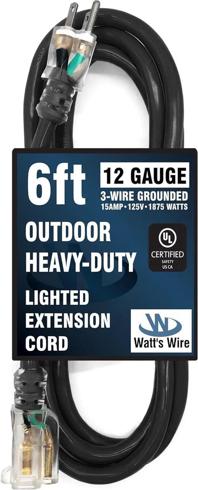 Main image of 6 ft Heavy Duty Extension Cord - 12 Gauge Outdoor Extension_Cord - Lighted Single Outlet by Watt's Wire - 6' 12-Gauge Grounded 15 Amp Cord Splitter - extensiones electricas