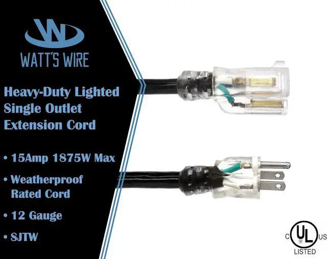 Alt view image 2 of 6 - 6 ft Heavy Duty Extension Cord - 12 Gauge Outdoor Extension_Cord - Lighted Single Outlet by Watt's Wire - 6' 12-Gauge Grounded 15 Amp Cord Splitter - extensiones electricas