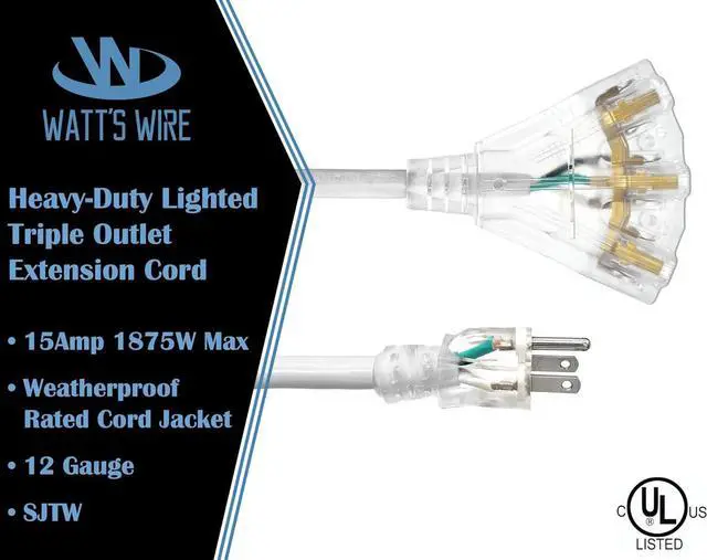 Alt view image 2 of 6 - 15 ft - 12 Gauge Heavy Duty Extension Cord - 3 Outlet Lighted SJTW - Indoor/Outdoor Extension_Cord by Watt's Wire - 15' 12-Gauge Grounded 15 Amp ExtensionCord